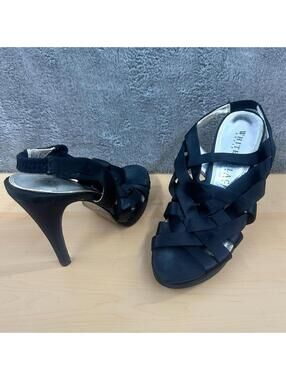 White House Black Market Carysn Black Satin Strappy Platform Heels Y2K Glam
